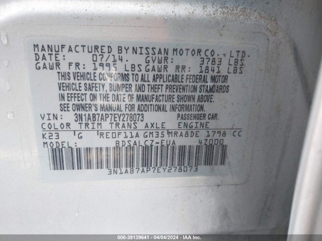 Nissan SENTRA S 2014 3N1AB7AP7EY278073 Image 9