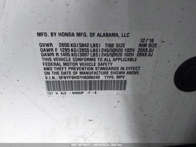 5FNYF6H07HB006240 Honda Pilot Elite