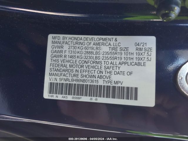 5FNRL6H86NB013615 Honda Odyssey Touring