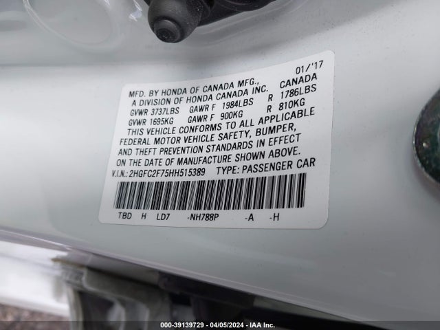 Honda CIVIC EX 2017 2HGFC2F75HH515389 Image 9