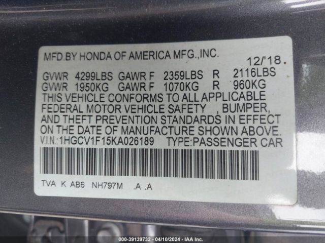 1HGCV1F15KA026189 Honda ACCORD LX