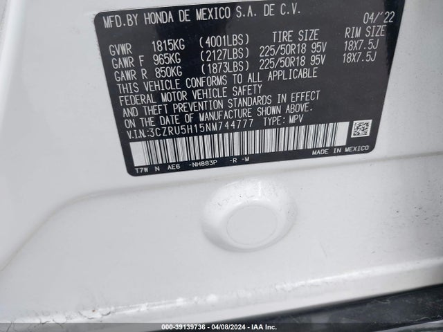 Aukcja sprzedaży 2022 Honda Hr-v 2wd Sport, vin: 3CZRU5H15NM744777, numer aukcji: 39139736