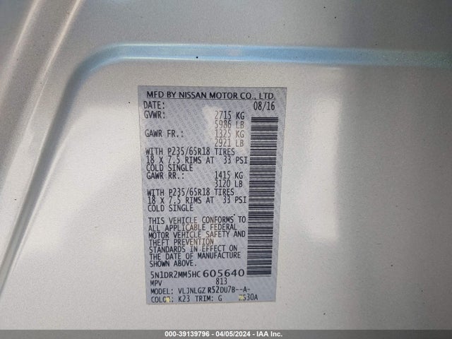 Nissan Pathfinder Sl 2017 5N1DR2MM5HC605640 Image 9