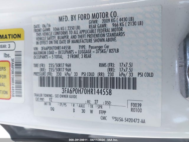 Ford FUSION SE 2017 3FA6P0H70HR144558 Image 9