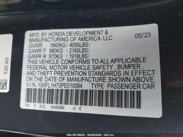 19XFL1H70PE010084 Honda Civic Ex-l /ex-l W/o Bsi