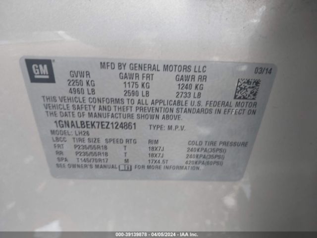 1GNALBEK7EZ124861 Chevrolet EQUINOX 1LT