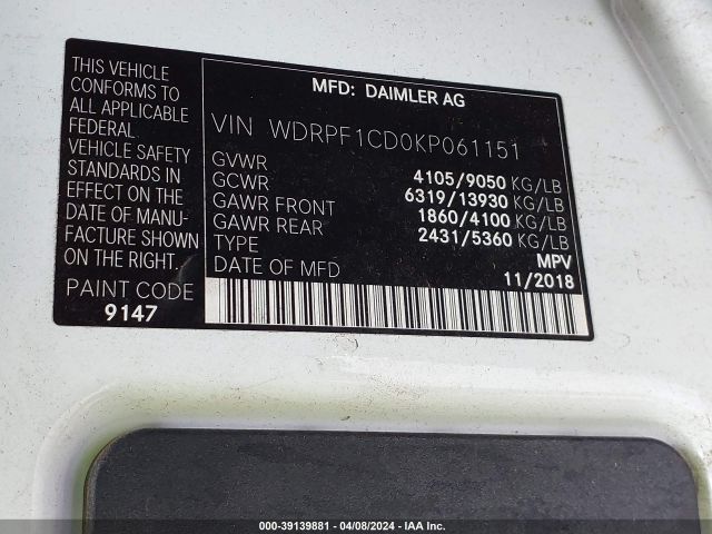 WDRPF1CD0KP061151 Freightliner Sprinter 2500 High Roof V6