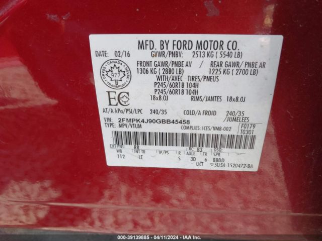 2FMPK4J90GBB45458 Ford EDGE SEL