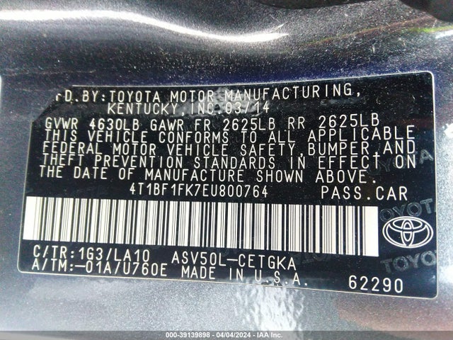 Toyota CAMRY XLE 2014 4T1BF1FK7EU800764 Image 9