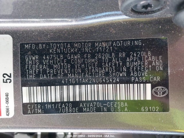Toyota CAMRY SE 2022 4T1G11AK2NU645424 Image 9