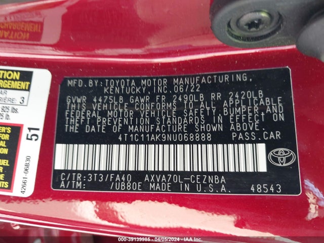 Toyota CAMRY LE 2022 4T1C11AK9NU068888 Image 9