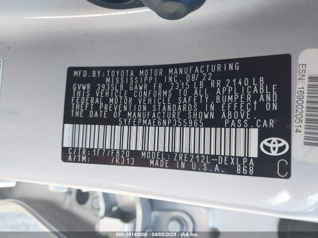 Toyota COROLLA LE 2022 5YFEPMAE6NP355965 Image 9