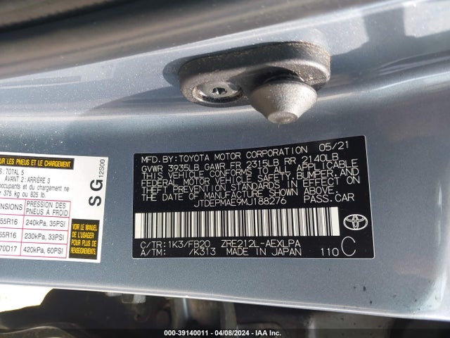 Toyota COROLLA LE 2021 JTDEPMAE9MJ188276 Image 9