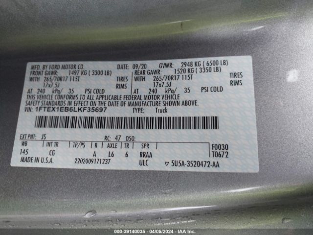 1FTEX1EB6LKF35697 Ford F-150 Xl