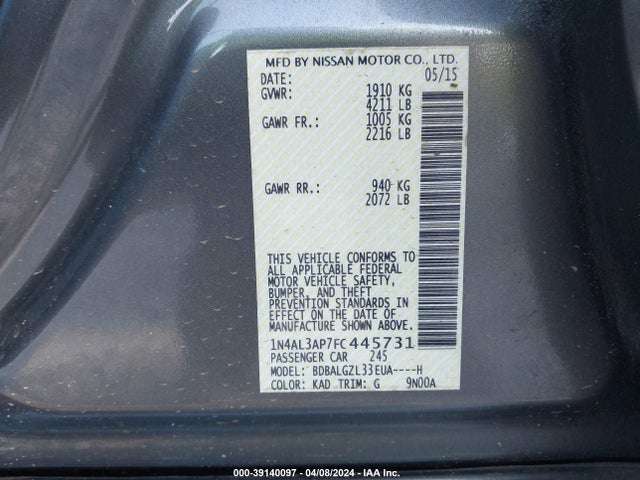 Nissan Altima 2.5 S 2015 1N4AL3AP7FC445731 Image 9