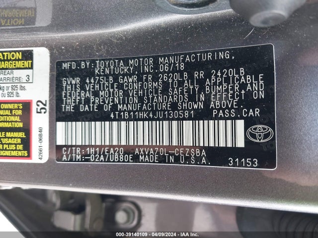 Toyota CAMRY SE 2018 4T1B11HK4JU130581 Image 9