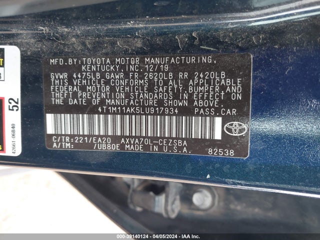 Toyota CAMRY SE 2020 4T1M11AK5LU917934 Image 9