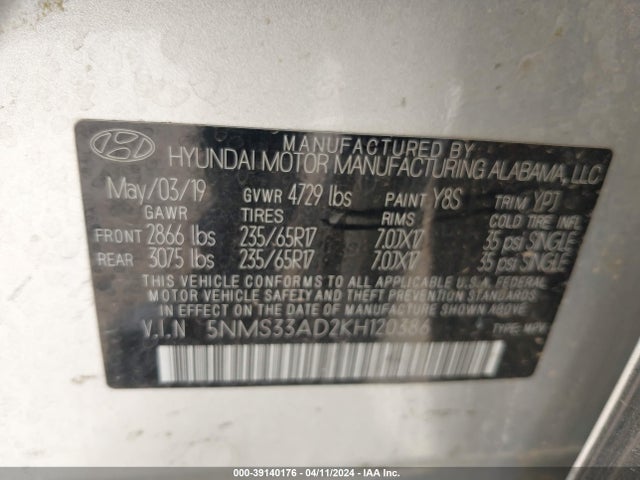 Hyundai Santa Fe Sel 2019 5NMS33AD2KH120386 Image 9