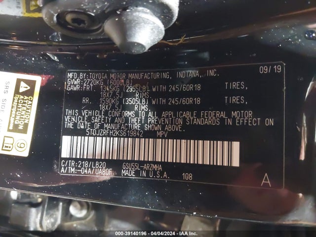 Toyota Highlander Xle 2019 5TDJZRFH2KS619842 Image 9