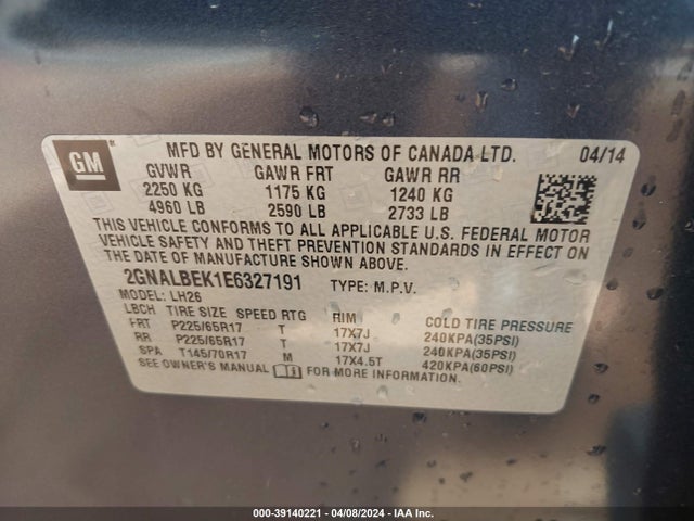 Chevrolet EQUINOX 1LT 2014 2GNALBEK1E6327191 Image 9