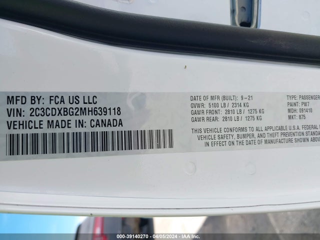 Aukcja sprzedaży 2021 Dodge Charger Sxt Rwd, vin: 2C3CDXBG2MH639118, numer aukcji: 39140270