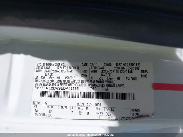 Ford E-250 Commercial 2014 1FTNE2EW9EDA42585 Image 9
