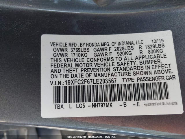 Honda Civic 2020 19XFC2F67LE203567 Image 22