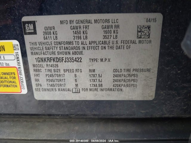 Chevrolet Traverse Ls 2015 1GNKRFKD6FJ335422 Image 9