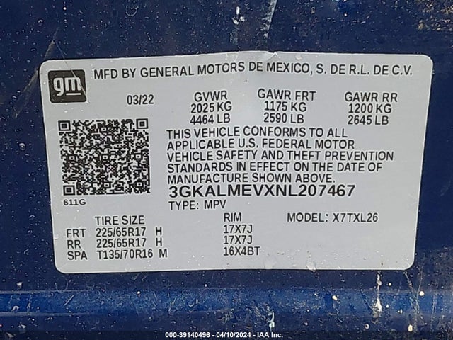3GKALMEVXNL207467 GMC Terrain Fwd Sle