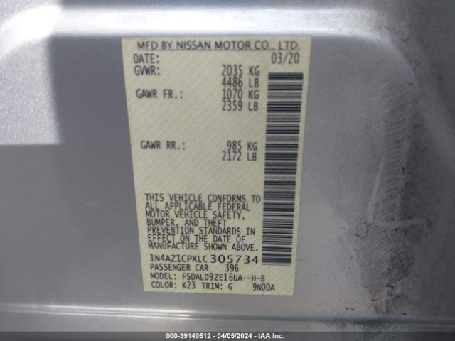 1N4AZ1CPXLC305734 Nissan Leaf Sv 40 Kwh
