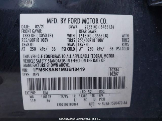 1FM5K8AB1MGB18419 Ford Police Interceptor Utility