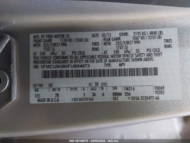 Ford ESCAPE SE 2015 1FMCU9G90FUB94973 Image 9