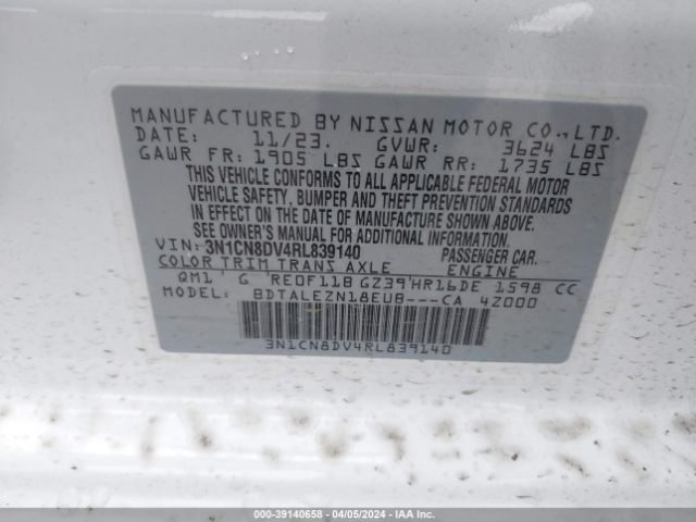 3N1CN8DV4RL839140 Nissan Versa 1.6 S