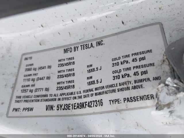 Tesla Model 3 Long Range/mid Range/standard Range/standard Range Plus 2019 5YJ3E1EA9KF427316 Image 9