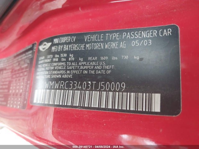 2003 MINI COOPER WMWRC33403TJ50009 Photo 8