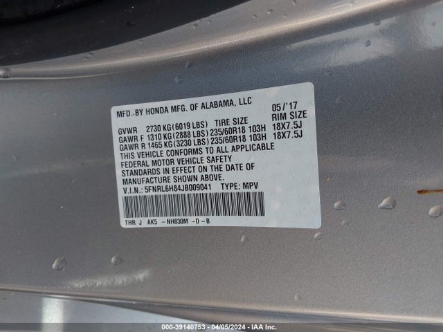 Honda Odyssey Touring 2018 5FNRL6H84JB009041 Image 9