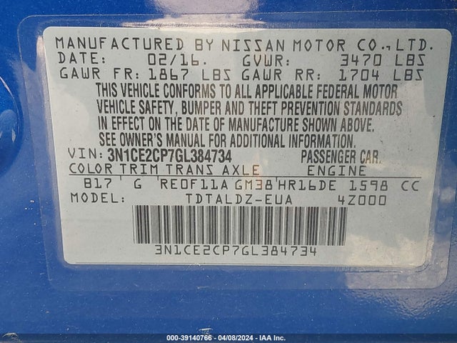 Nissan Versa Note S (sr)/s Plus/sl/sr/sv 2016 3N1CE2CP7GL384734 Image 9