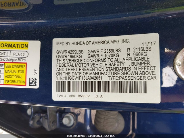 Honda ACCORD LX 2018 1HGCV1F13JA042051 Image 9