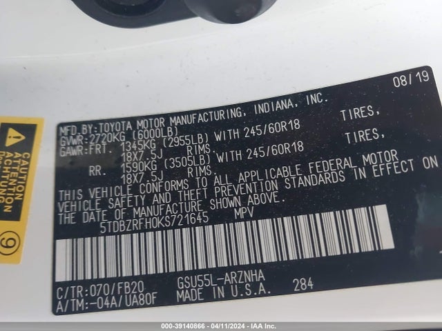 Toyota Highlander Le 2019 5TDBZRFH0KS721645 Image 9