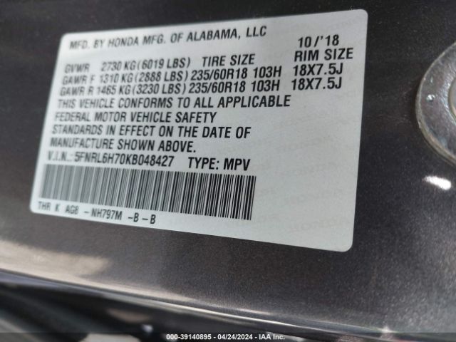 5FNRL6H70KB048427 Honda Odyssey Ex-l