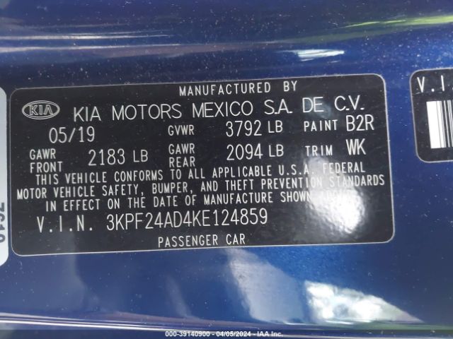 3KPF24AD4KE124859 KIA Forte Lxs