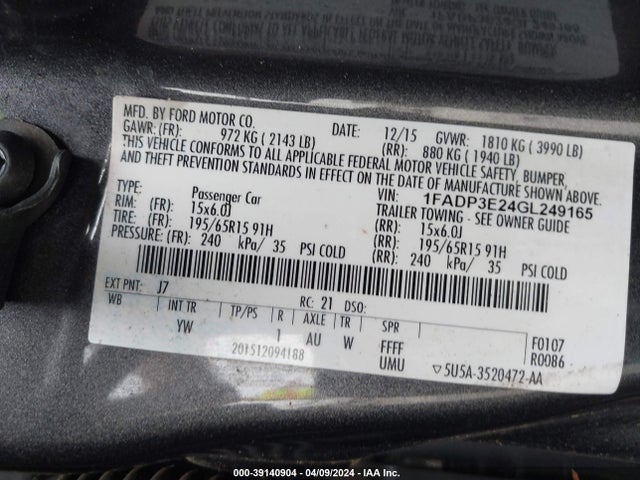 Ford FOCUS S 2016 1FADP3E24GL249165 Image 9