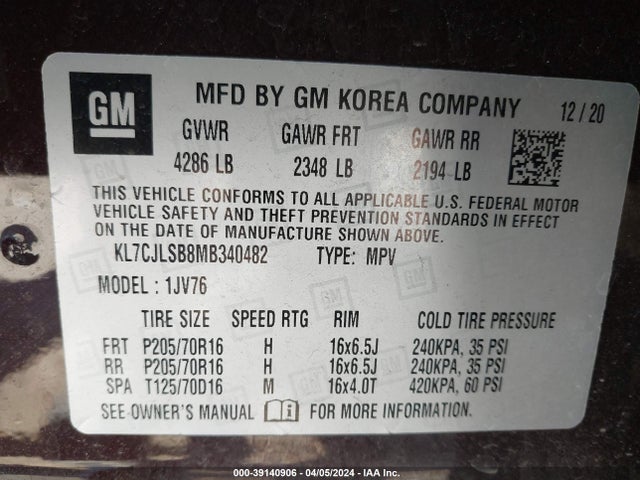 Chevrolet Trax Fwd Lt 2021 KL7CJLSB8MB340482 Image 9