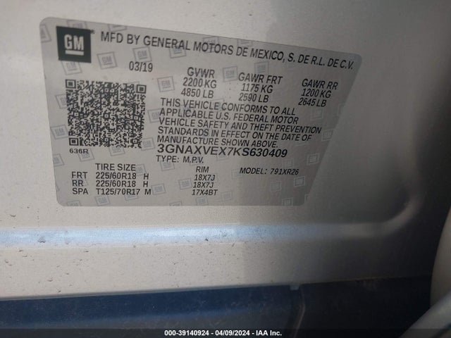 Chevrolet EQUINOX LT 2019 3GNAXVEX7KS630409 Image 9