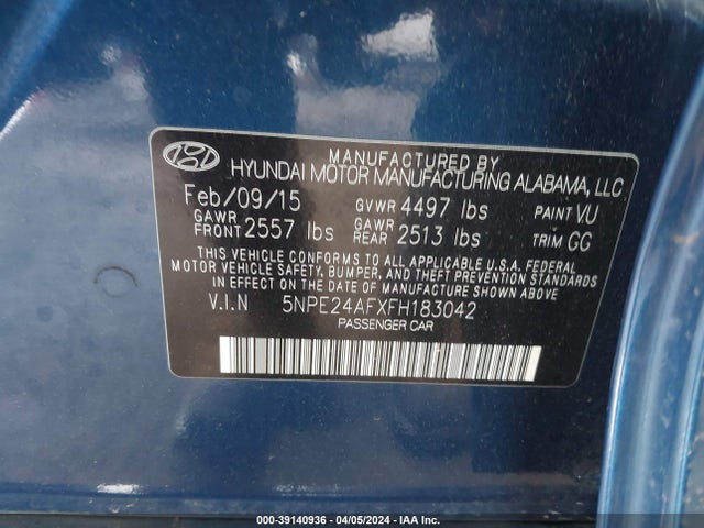Hyundai SONATA SE 2015 5NPE24AFXFH183042 Image 9
