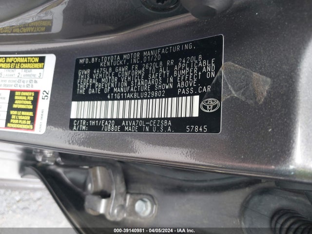 Toyota CAMRY SE 2020 4T1G11AK8LU929802 Image 9