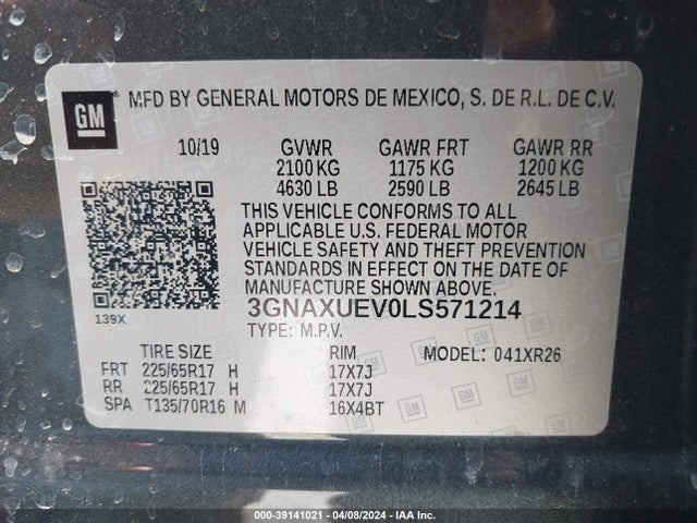 2020 Chevrolet Equinox Awd Lt 1.5l Turbo მანქანა იყიდება აუქციონზე, vin: 3GNAXUEV0LS571214, აუქციონის ნომერი: 39141021