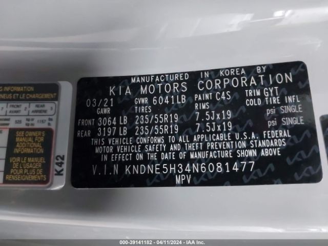 KNDNE5H34N6081477 KIA Carnival Mpv Sx Prestige