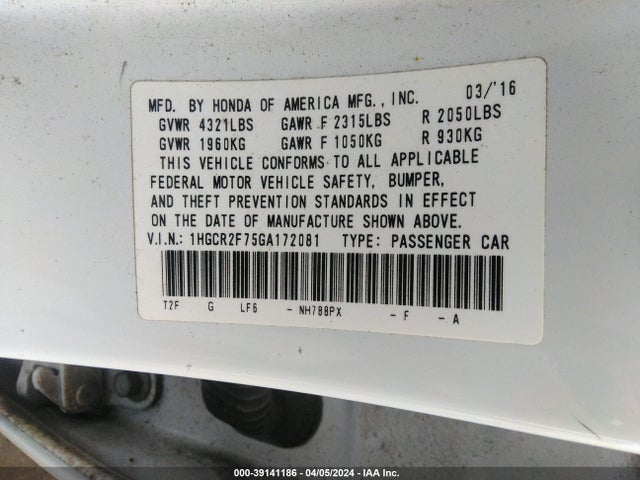Honda ACCORD EX 2016 1HGCR2F75GA172081 Image 9