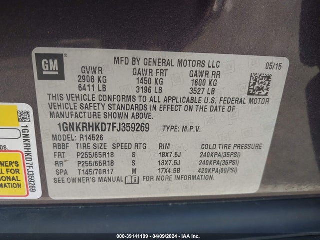 Chevrolet Traverse 2lt 2015 1GNKRHKD7FJ359269 Image 9